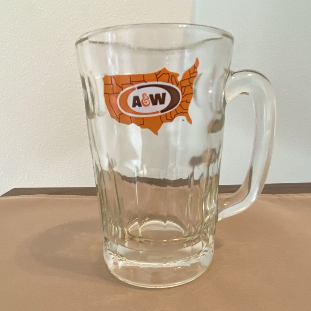 A&W Root Beer Glass Mug Clear USA Map Logo Vintage Advertising Soda Heavy Heavyw